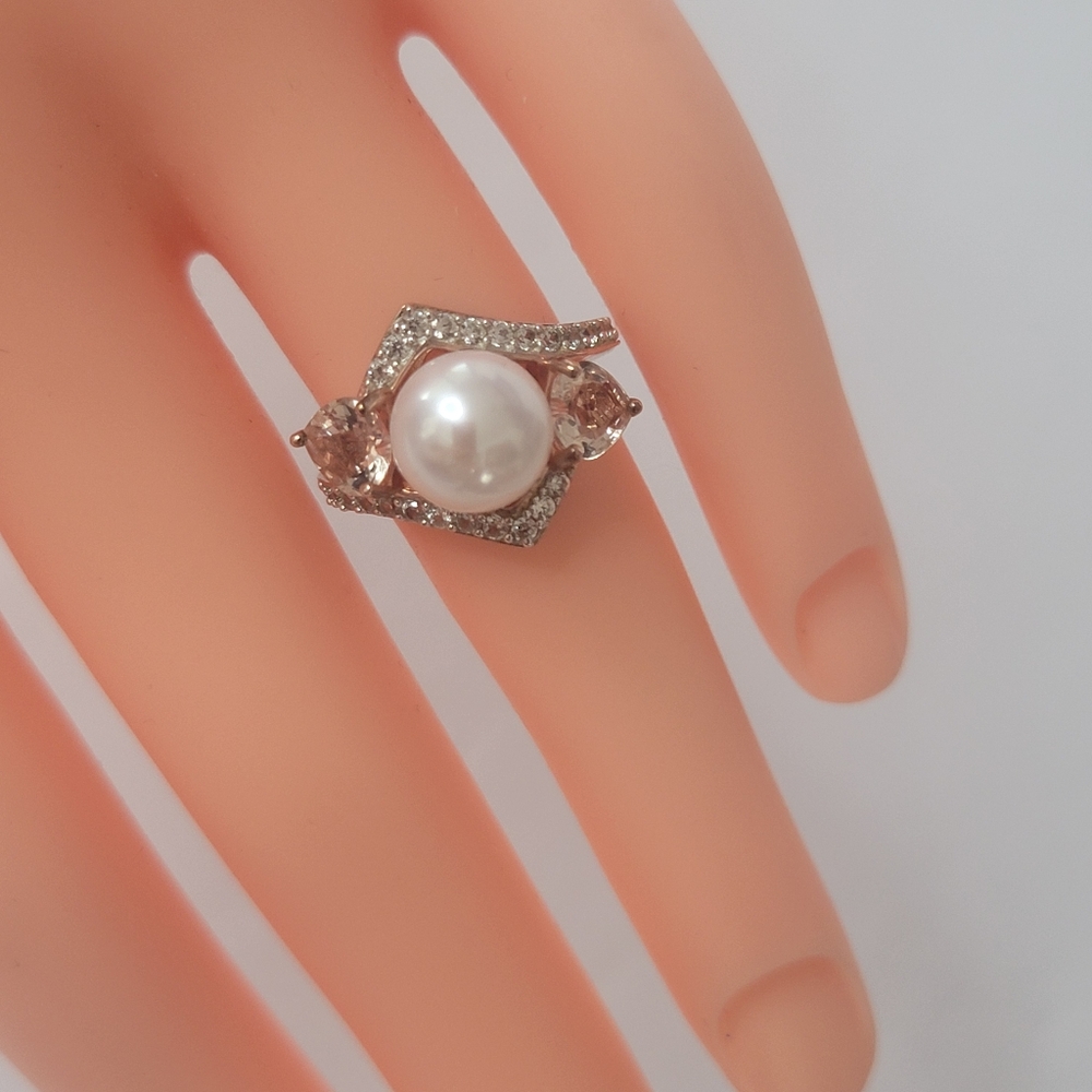 BBJ Sterling Silver 925 Culture Pearl & Morgatine 18k Rose Gold Plate Ring  5